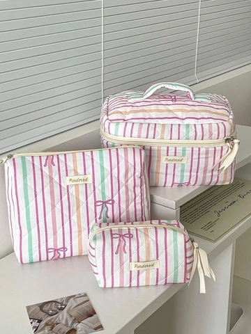 Quilted Cotton Makeup Bag Striped Bow Knot Portable Travel Cosmetic Organizer Sweet Large Capacity Storage Pouch