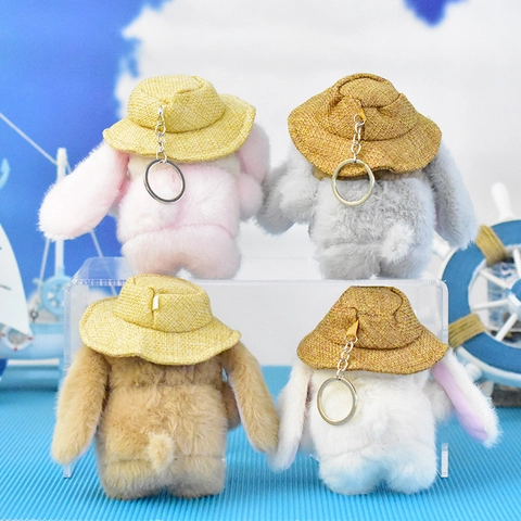 Süßer Pudding Kaninchen Plüschtier Mit Strohhut Und Fliege Hase Schlüsselanhänger Anhänger Für Tasche Klaue Maschine Puppe Geschenk