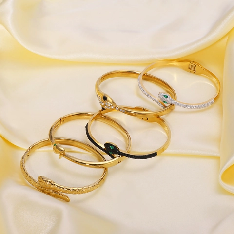 Slangvormige Roestvrijstalen Armband 18K Verguld Strass Zirkonia Groen Oog Open Manchet Bangle Sieraden Voor Vrouwen