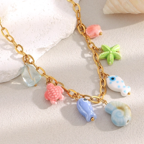 Oceaan Thema Ketting 18K Verguld Roestvrij Staal Kleurrijke Keramische Zeedier Hangers Vis Schildpad Schelp Voor Vrouwen