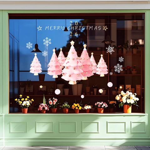 Pegatinas De Navidad Para Ventana Rosa Estática PVC Árbol De Navidad Copos De Nieve Doble Cara Decoración De Vidrio Casa