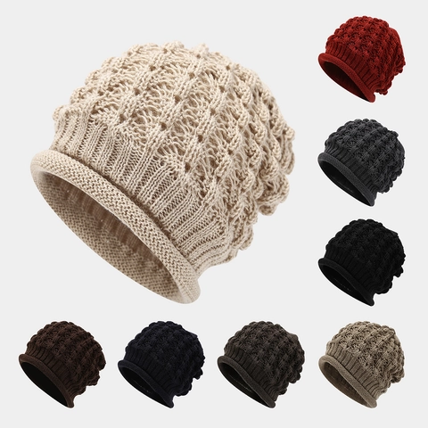 Bonnet En Tricot Pour Hommes Femmes Acrylique Hiver Chaud Bord Roulé Motif Nid Abeille Extérieur Polyvalent