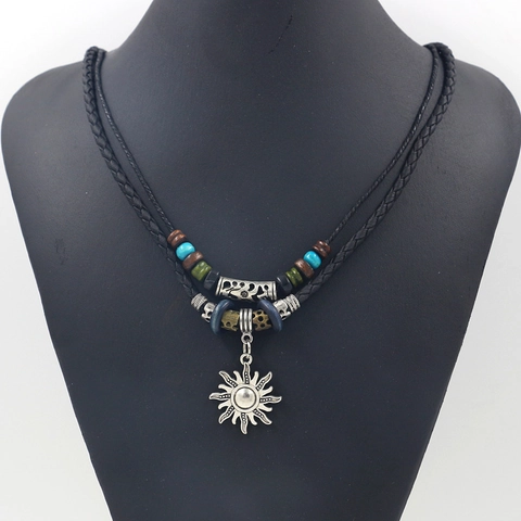 Sun Pendant Necklace Men Retro Double Layer Braided Leather Rope Wood Beads Ethnic Tribal Style