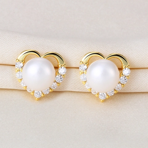 925 Sterlingsilber Naturperle Herz Ohrstecker Für Damen Glänzende Strass Eingelegt Gold Silber Galvanisiert Eleganter Schmuck