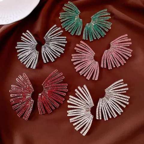 Fan Shaped Statement Earrings Rhinestone Encrusted Alloy Jewelry With Steel Earring Post For Party Wedding Banquet