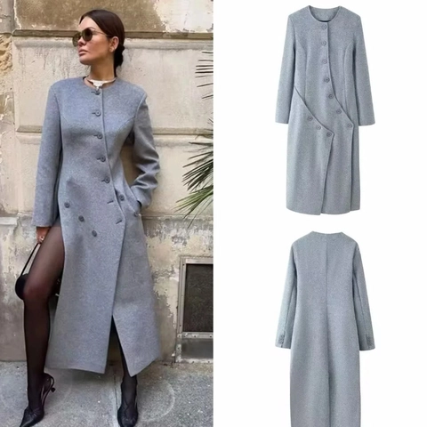 Women Chic Long Grey Wool-Like Coat Asymmetric Front Multi Button Round Neck Side Slit Street Outerwear