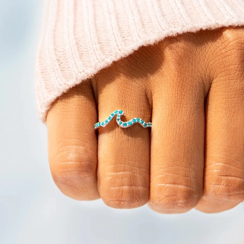 Wave Ring 925 Sterling Silver With Blue Zircon Dainty Ocean Sea Wave Finger Jewelry Women Gift