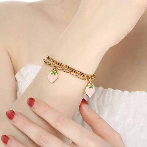 Double Layer Bracelet Stainless Steel Gold Plated Enamel Strawberry Cherry Fruit Pendant Adjustable Jewelry For Women