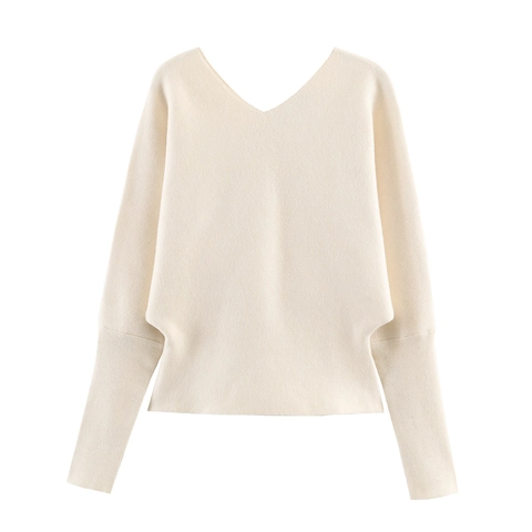 Jersey De Punto Con Cuello En V Para Mujer Poliéster Manga Murciélago Manga Larga Puños Nervados Casual
