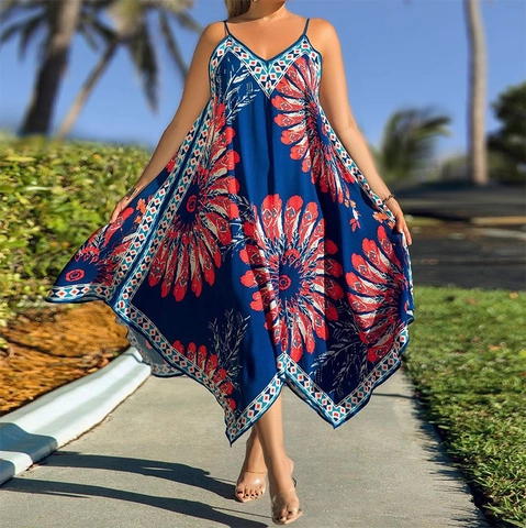 Bohemian Maxi Dress Polyester V-Neck Spaghetti Strap Irregular Hem Floral Print Summer Beach Vacation For Women