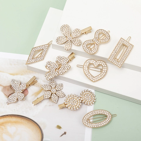 Elegant Rhinestone Hair Clips Gold Alloy Butterfly Flower Heart Shape Duckbill Side Bangs Clips For Women Hairpins