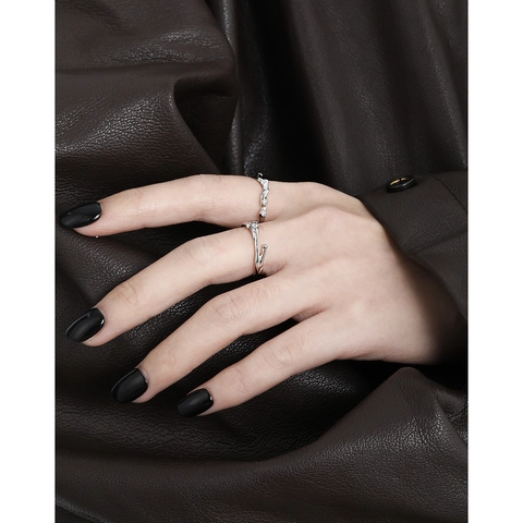 Bagues En Argent Sterling 925 Pour Femmes Texture De Branche Irrégulière Bague Ouverte Réglable Avec Micro Zircon Style Art