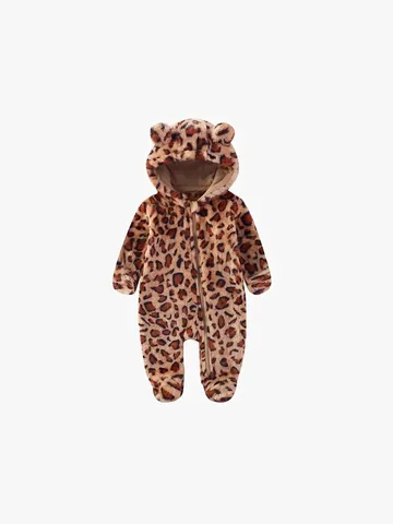 Baby Romper Jumpsuit Plush Fleece Hooded Ear Zipper Long Sleeve Leopard Print Winter Warm Newborn Infants