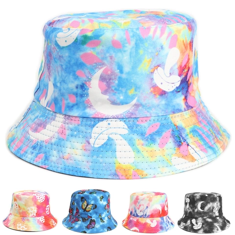 Tie Dye Reversible Bucket Hat Butterfly Mushroom Moon Print Cotton Polyester Sun Protection Fisherman Cap Unisex
