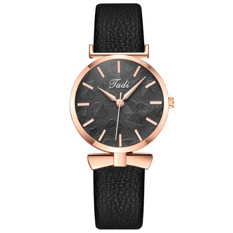 Women Quartz Watch Rose Gold Case PU Leather Strap Leaf Embossed Dial Bow Decoration Elegant Fashion Wristwatch Girls