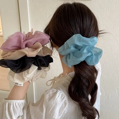 Large Organza Scrunchies Elegant Mesh Hair Ties Oversized Ruffled Ponytail Holder For Women And Girls