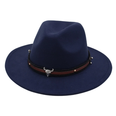 Vintage Western Cowboy Fedora Hat Wide Brim Felt Wool With Bull Skull Buckle And Rivet Leather Band Jazz Cap Unisex