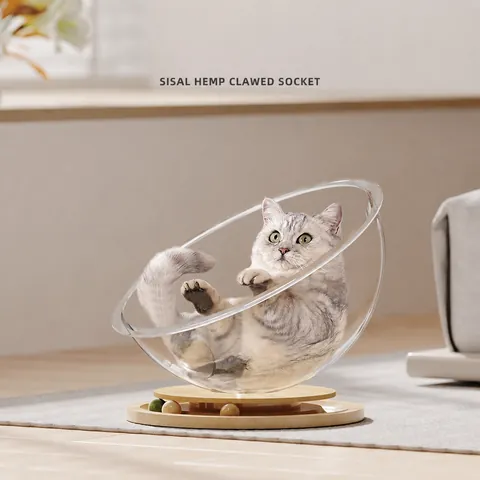 Cat Bed Space Capsule Transparent Acrylic With Solid Wood Turntable Interactive Toy Balls For Indoor Cats