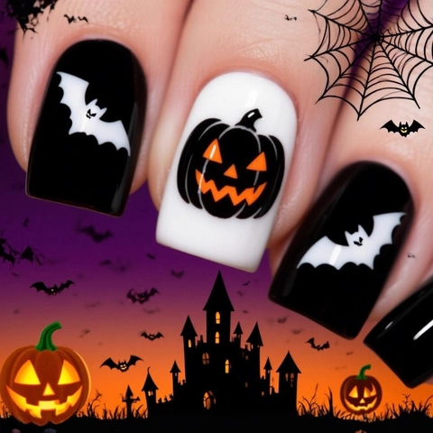 Halloween Press On Nails Glossy Long Square Fake Nails With Pumpkin And Bat Designs For Women Black White Orange