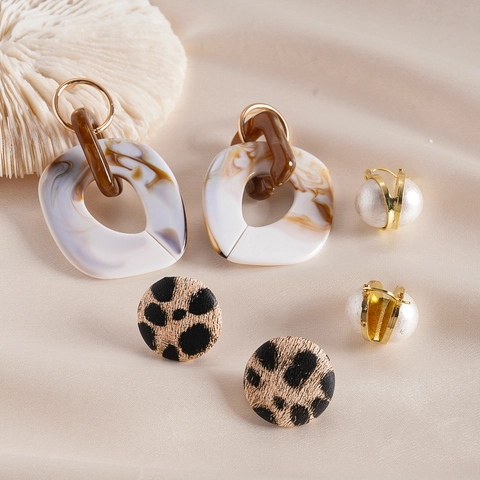Pendientes Geométricos Acrílico Mármol Aretes Leopardo Joyas Perla Artificial Imitación Con Poste De Plata Esterlina 925