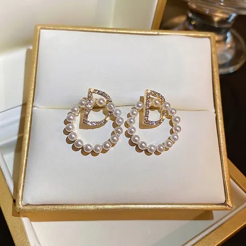 Ronde Kunstparel Hoop Oorbellen Met Strass Letter D En Zilveren Oorsteker Franse Retro Elegante Sieraden Voor Vrouwen