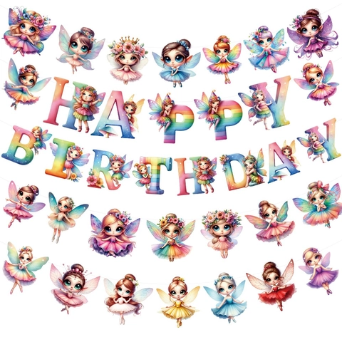 Fairy Theme Happy Birthday Banner Rainbow Paper Garland For Girls Birthday Party Decoration