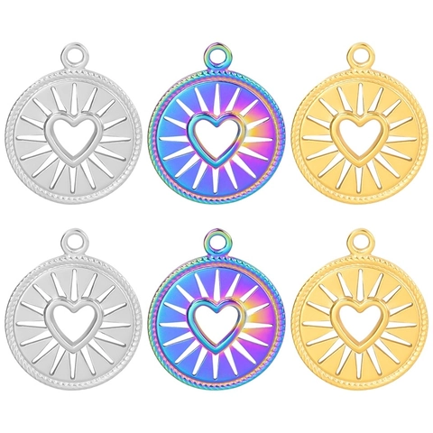 Collar Con Colgante De Corazón Y Rayos De Sol De Acero Inoxidable Chapado En Oro 18K Para Mujer Redondo Hueco