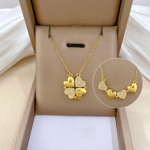 Faltbare Herz Vierblättriges Kleeblatt Anhänger Halskette Edelstahl Kupfer Mit Zirkonia Doppelt Stil Schmuck Für Damen