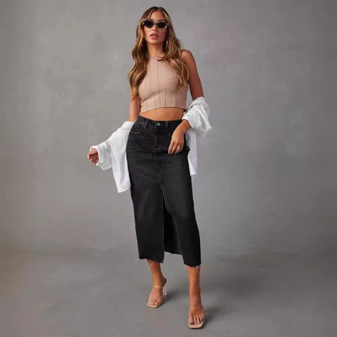 High Waist Denim Midi Skirt With Front Slit A-Line Slim Fit Cotton Denim Frayed Hem Streetwear For Women