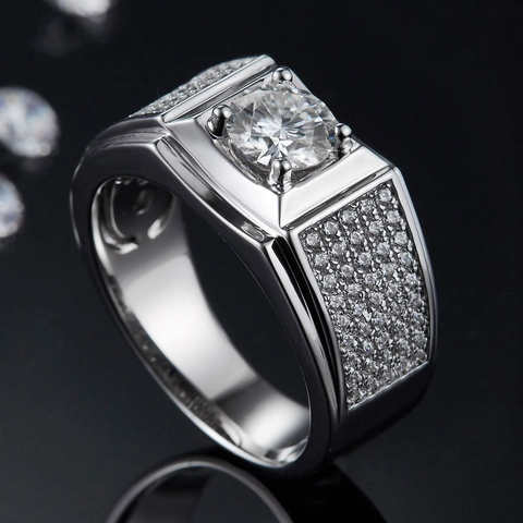 925 Sterling Silver Moissanite Ring For Men Luxurious 1 Carat Moissanite Engagement Wide Band Band Geometric Inlaid Jewelry