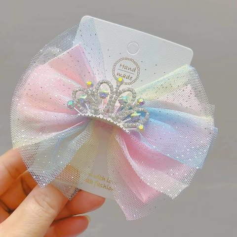 Mollette Per Capelli Con Fiocco In Maglia Sfumata Arcobaleno Con Corona Di Strass Per Bambini Ragazze Accessori Fatti A Mano