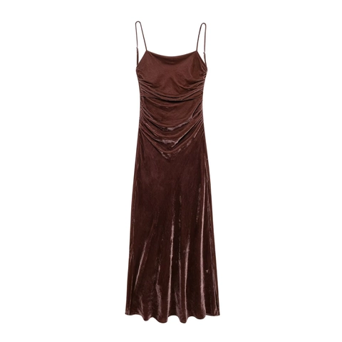 Vestido Largo De Terciopelo Con Tirantes Finos Fruncido Sexy Sin Espalda Color Sólido Ajustado Vestido De Noche Para Mujer