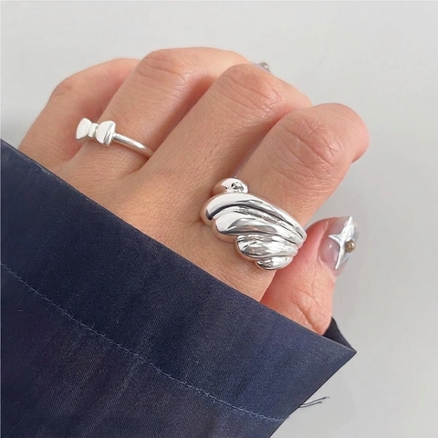925 Sterling Silber Verstellbarer Ring Wellenstruktur Croissant Design Minimalistischer Retro Industrie Stil Für Frauen