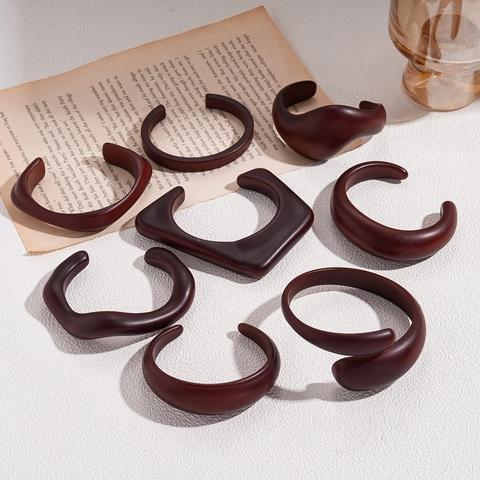 Vintage Acrylic Irregular Geometric Open Bangle Minimalist Wood Like Resin Bracelet Jewelry For Women