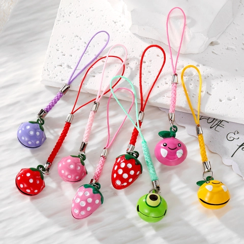 Porte-Clés Cloche Fruits Fraise Avocat Métal Émail Dessin Animé Mignon Lanière Téléphone Bijou De Sac Corde Tissée
