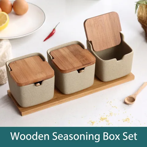 Ceramic Seasoning Jars With Bamboo Lids And Spoons Tray Japanese Style Kitchen Spice Containers Matte Pottery Storage