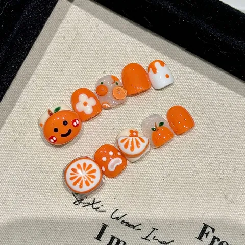 Handmade Press On Nails Resin Cute Cartoon Orange Citrus Glossy For Kids Children Girls DIY Art Decorative