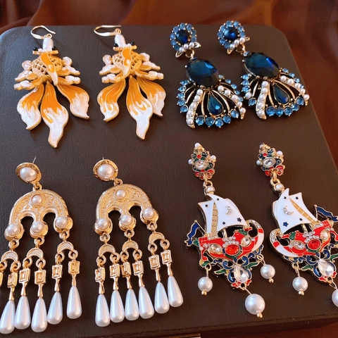 Orecchini Vintage Strass Imitazione Perla Artificial Smalto Floreale Nappa Stile Retrò Gioielli Per Donne Con Silver Earring Post