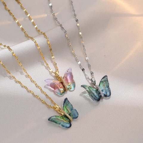 Collar Con Colgante De Mariposa En Degradado De Colores Acero Inoxidable Resina Alas Diamantes De Imitación Joyería De Mujer