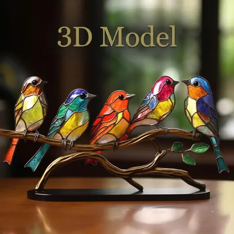 Colorful Birds On Branch Desktop Ornaments Stained Glass Style Acrylic Metal Tabletop Decor Modern Art Figurines