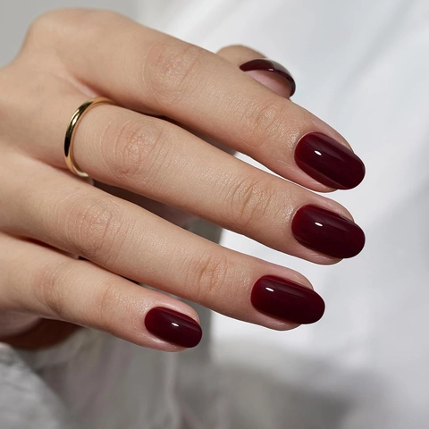 Press On Nails Glossy Solid Burgundy Wine Red Oval Shape Fashionable Long Lasting For Women Manicure