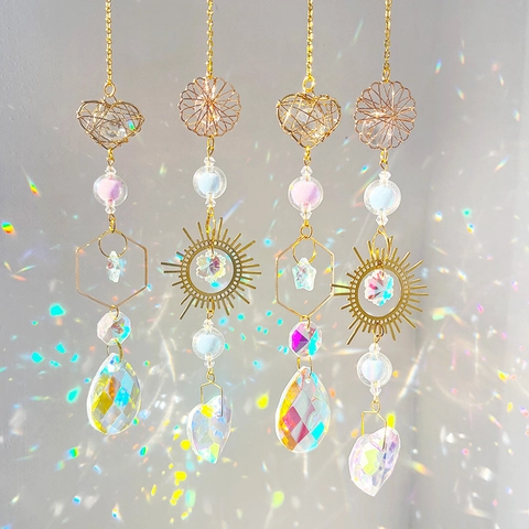 Atrapasueños Cristal Adorno Colgante Creador Arcoiris Metal Dorado Estrella Corazón Prisma Ventana Jardín Decoración Vintage