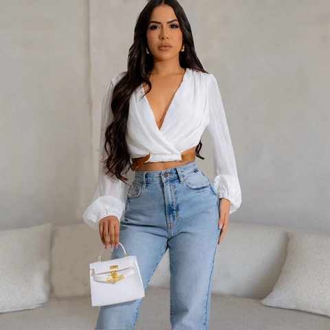 Women V-Neck Wrap Top Long Lantern Sleeve Pleated Short Blouse With Belt Solid Color Elegant Streetwear Casual