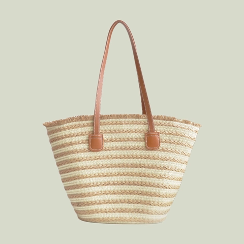 Gevlochten Strooi Tote Tas Gestreept Grote Capaciteit Schoudertas Met Leren Handvatten Voor Dames Vakantie Strand Casual