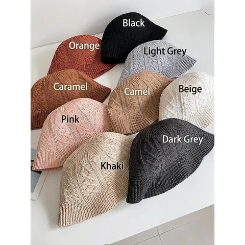 Women Knitted Bucket Hat Cotton Linen Blend Breathable Sun Shade Cable Knit Rhombic Pattern Foldable Summer Sun Hat