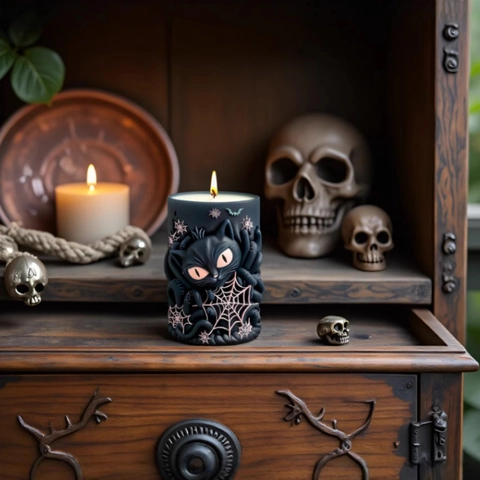 Halloween Black Cat Spiderweb Silicone Candle Mold 3D Relief DIY Aromatherapy Soap Making Home Decor