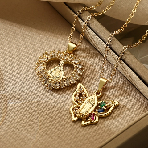Pendant Necklace Copper Heart Butterfly Religious Virgin Mary Retro Colorful Zircon Inlaid Elegant Jewelry Women