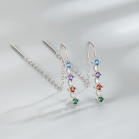 925 Plata de Ley Borla Larga Arcoíris Circonia Pendientes de Hilo Mujeres Dopamina Colorida Joyería de Moda de Lujo