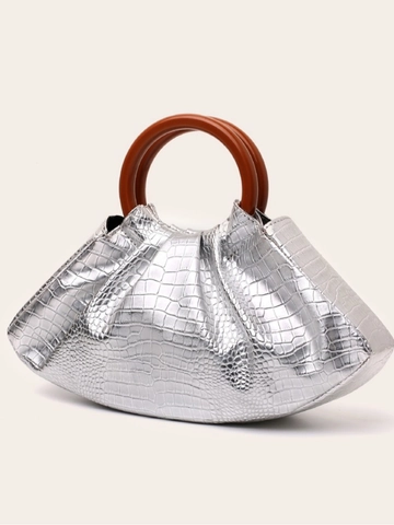Women Pleated Handbag Retro Round Wood Handle Cloud Pouch Bag Metallic Crocodile Pattern PU Corduroy Evening Party