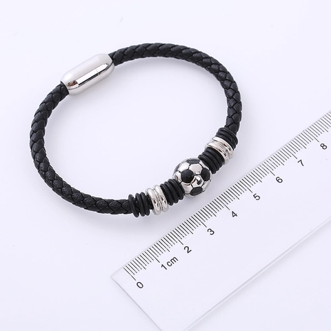 Men Braided Leather Bracelet With Stainless Steel Football Bead And Magnetic Clasp Sporty Casual Jewelry Accessory